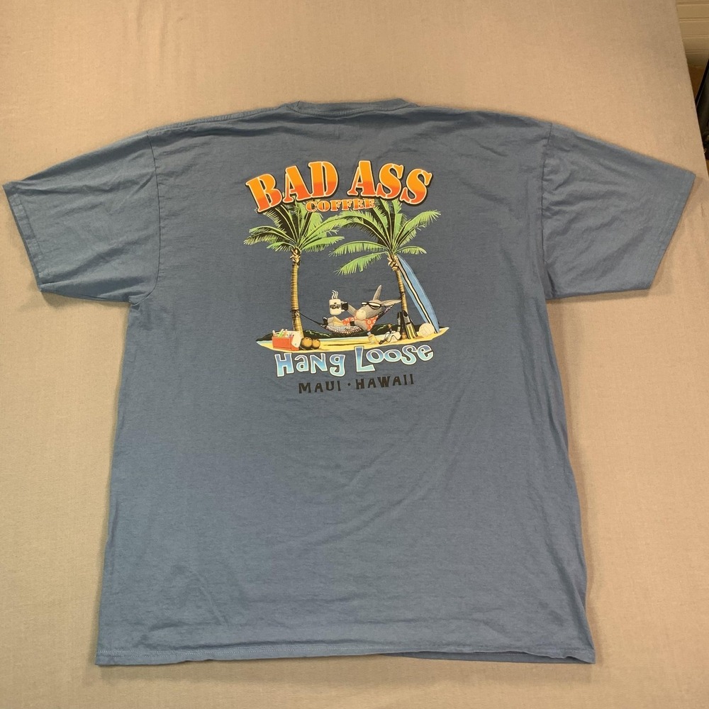 The Duck Company Shirt Mens 2XL Blue Bad Ass Coffee Hang Loose Maui Hawaii Tee